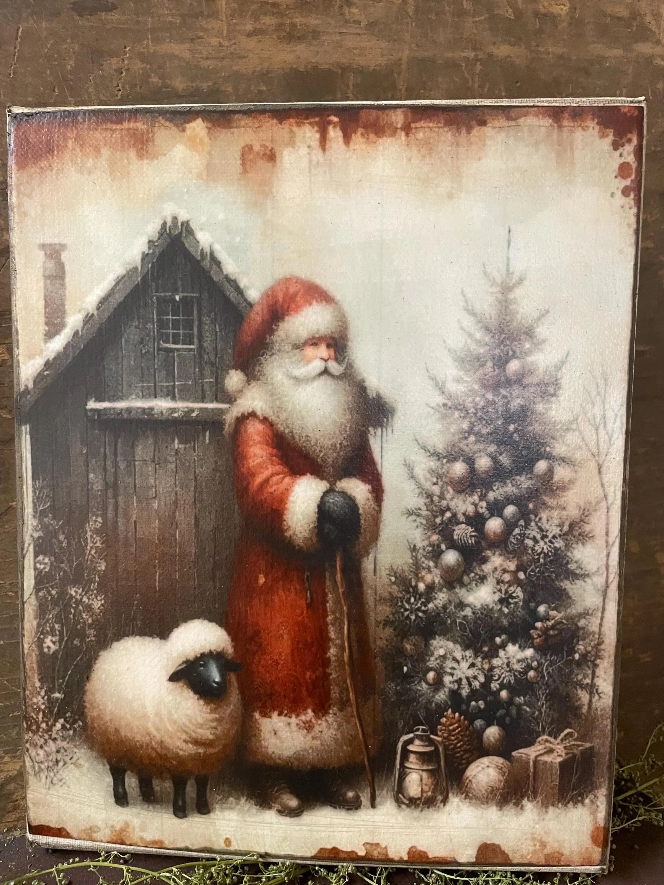 Primitive Winter Christmas Grungy Decorative Santa Canvas Print 8x10
