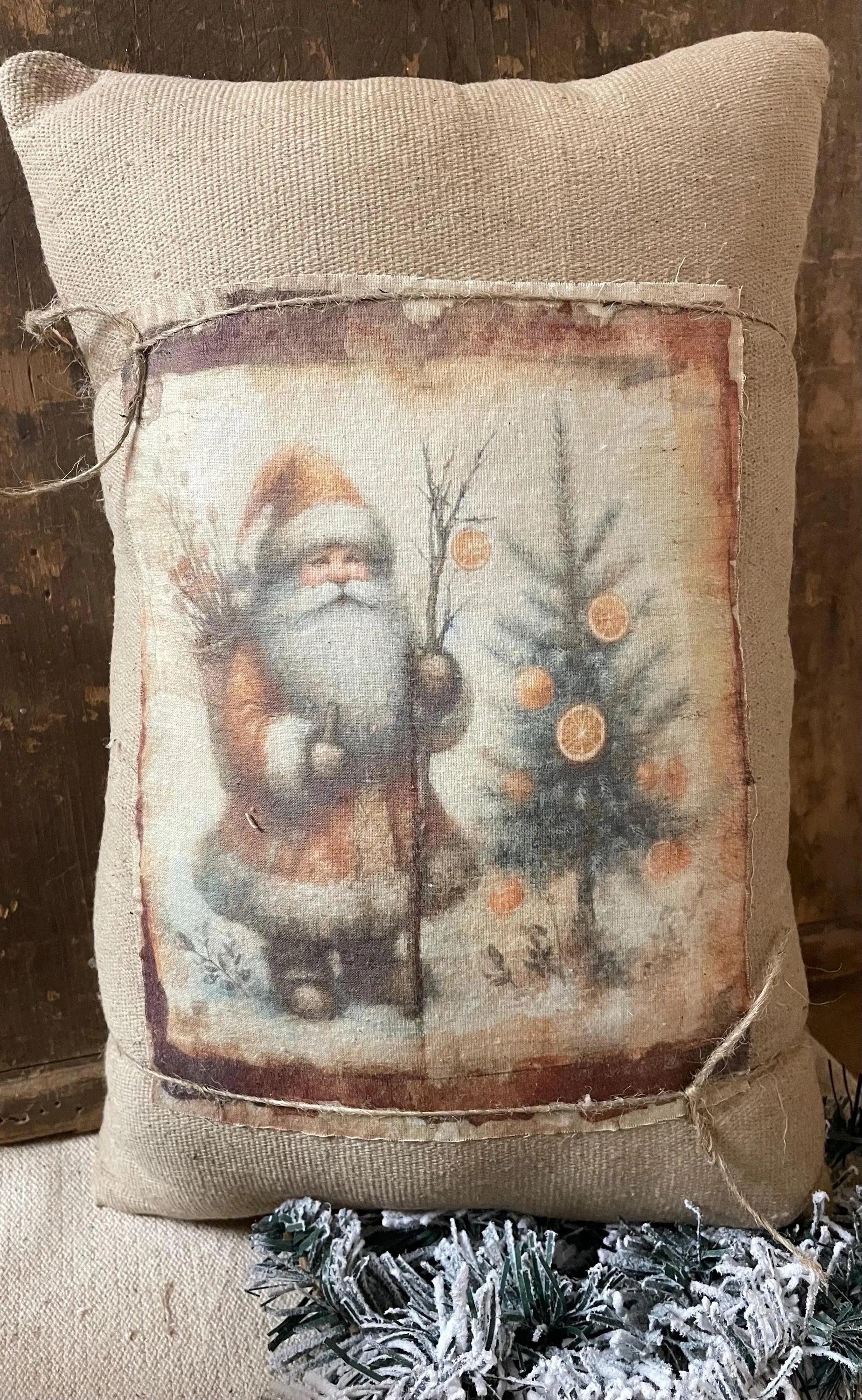 Large Primitive Feedsac Pillow With Santa Print