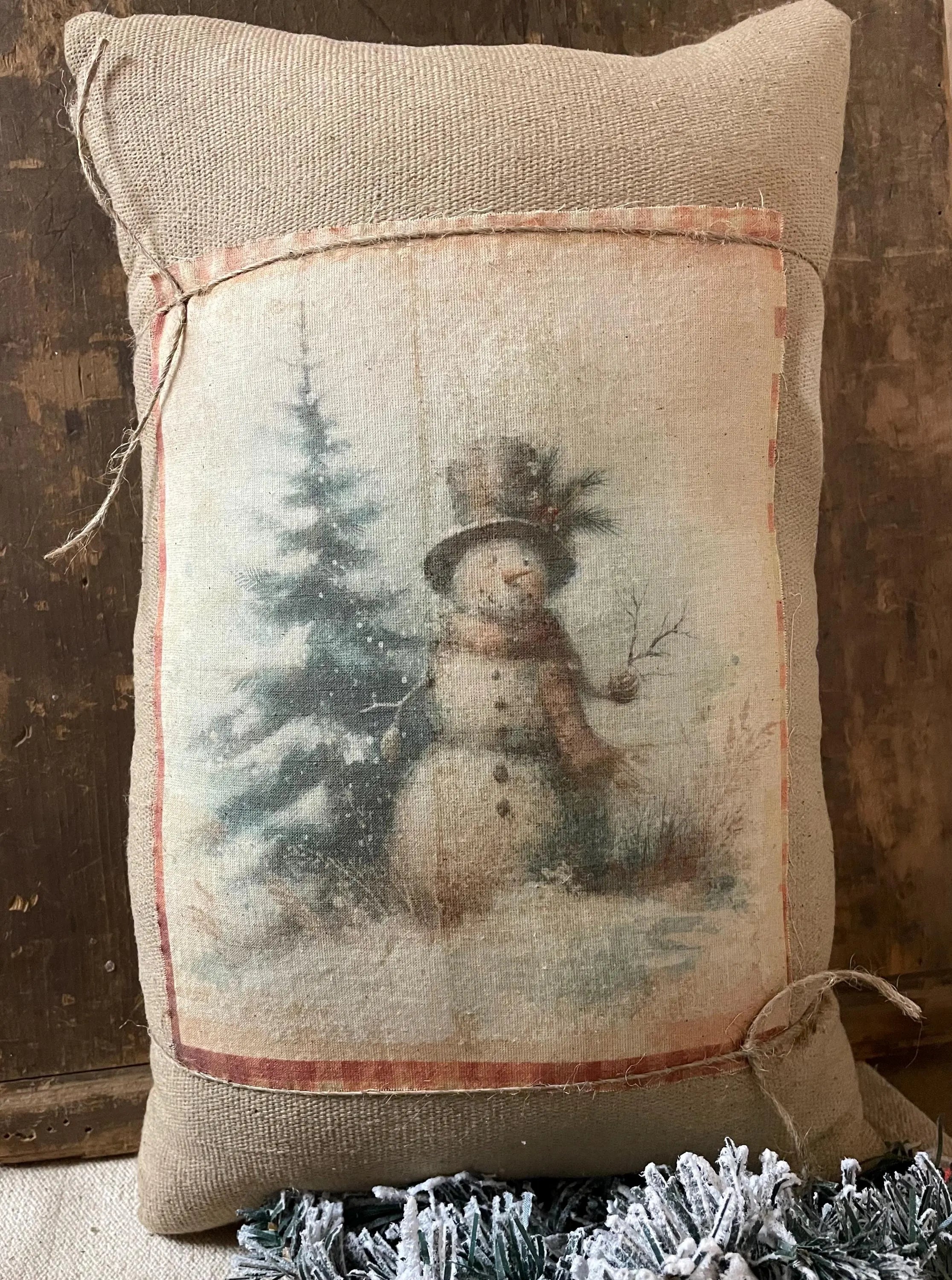 Large Primitive Feedsac Pillow With Snowman Print