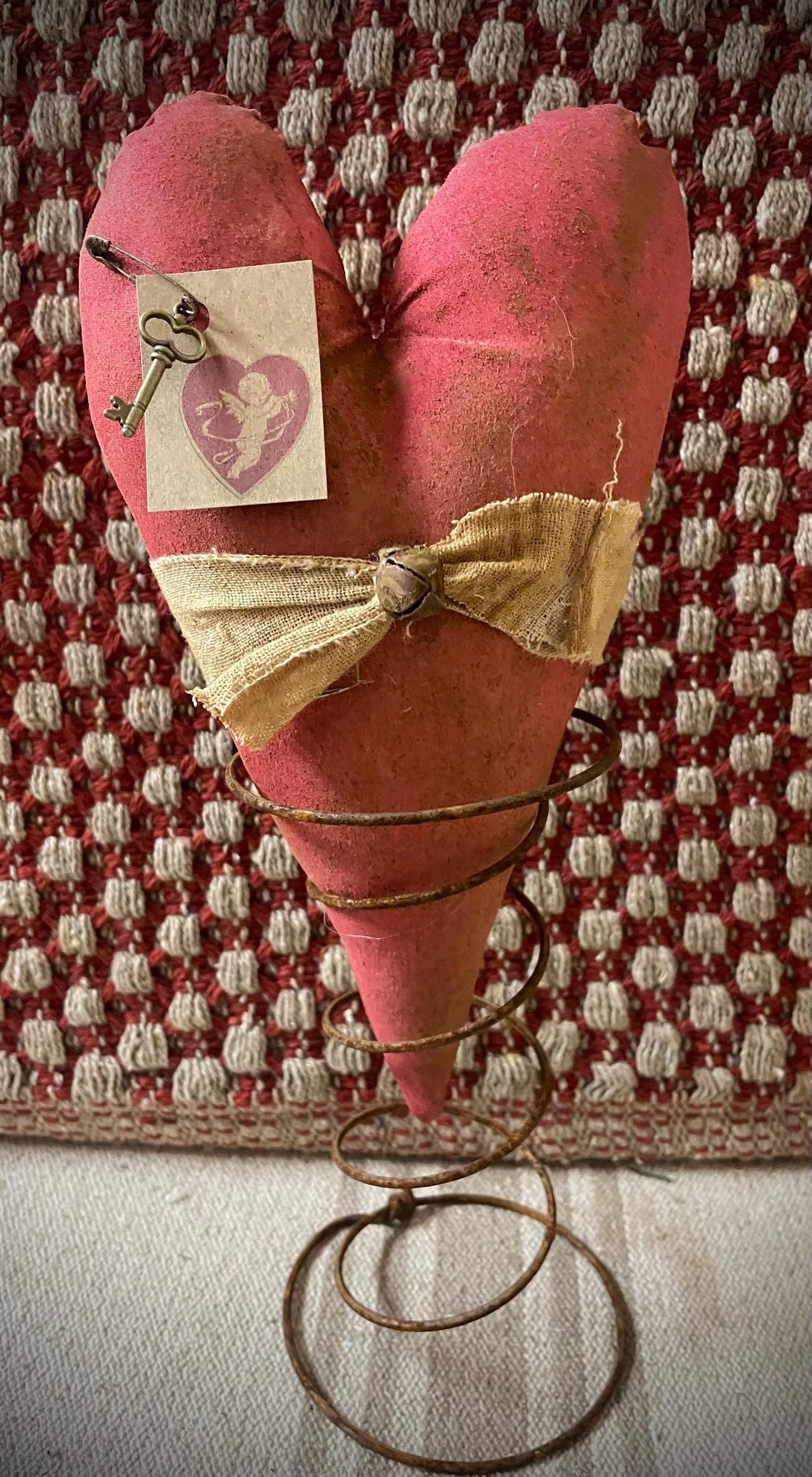 Primitive Valentines Heart On Old Rusty Spring Red 10x5