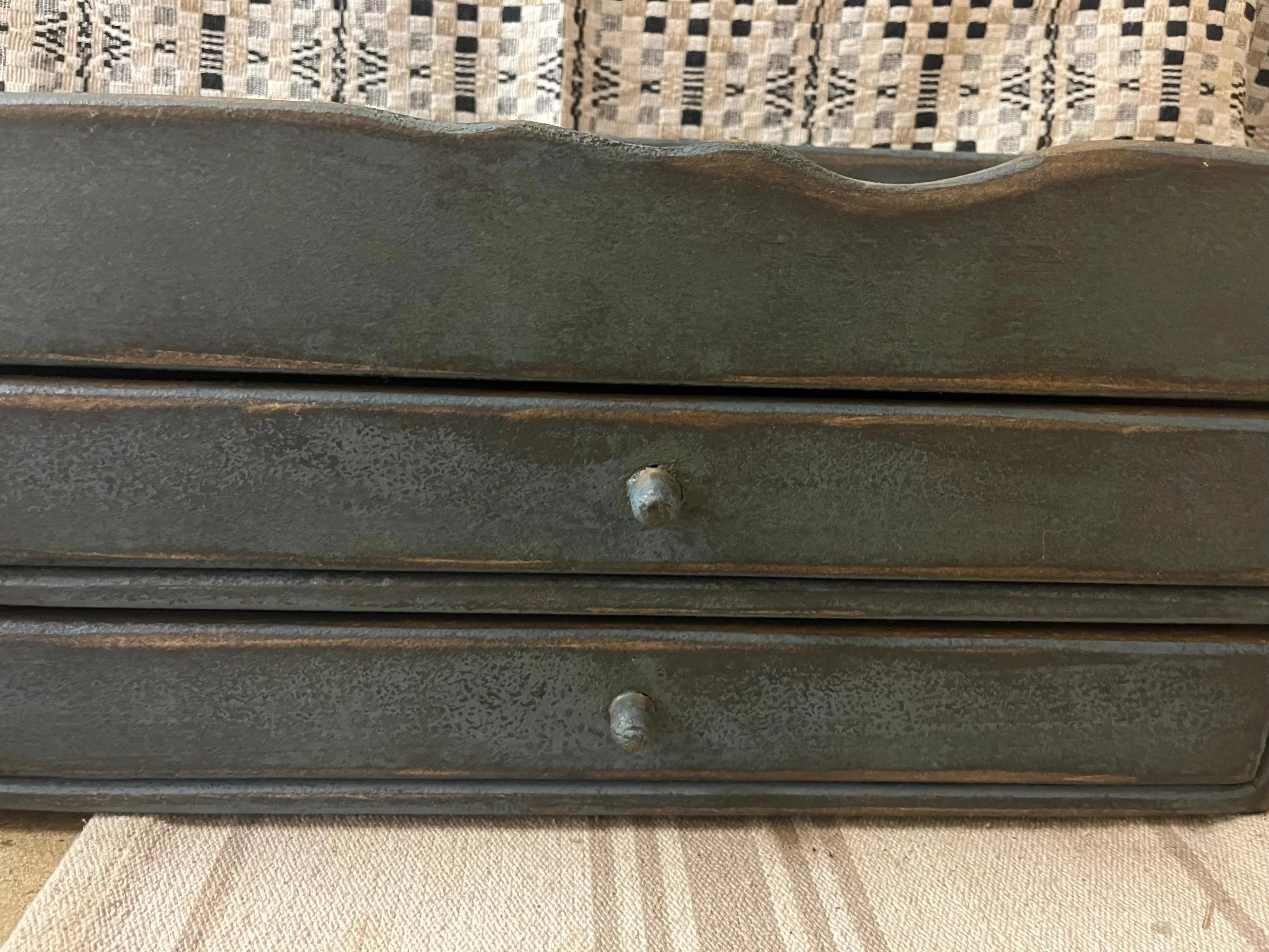 Primitive Wooden Two Drawer Trencher 18x8x8 Country Blue