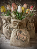 Primitive Spring Faux Tulip Feedsac Bag Shelf Sitter 10x6