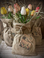 Primitive Spring Faux Tulip Feedsac Bag Shelf Sitter 10x6