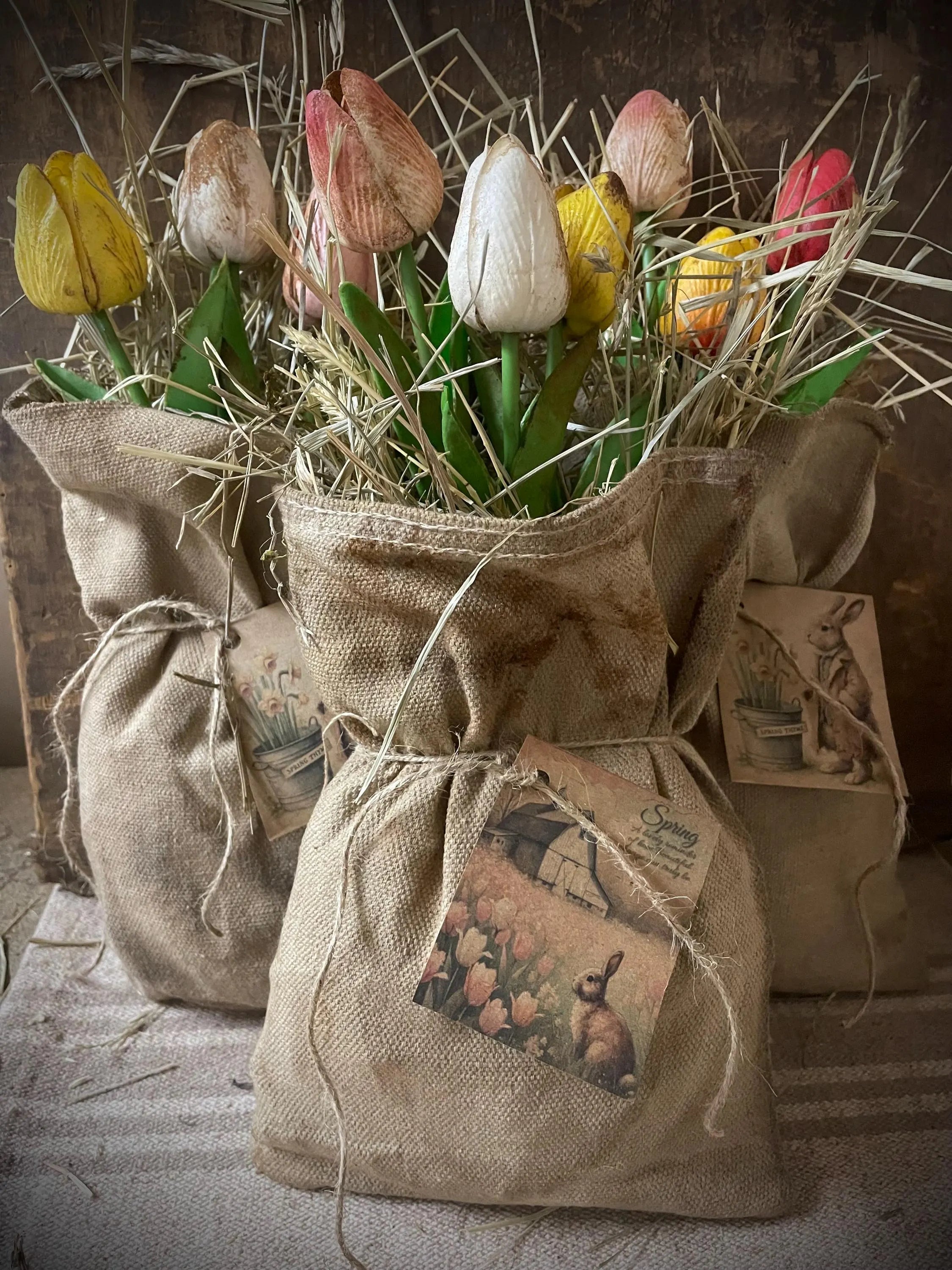 Primitive Spring Faux Tulip Feedsac Bag Shelf Sitter 10x6