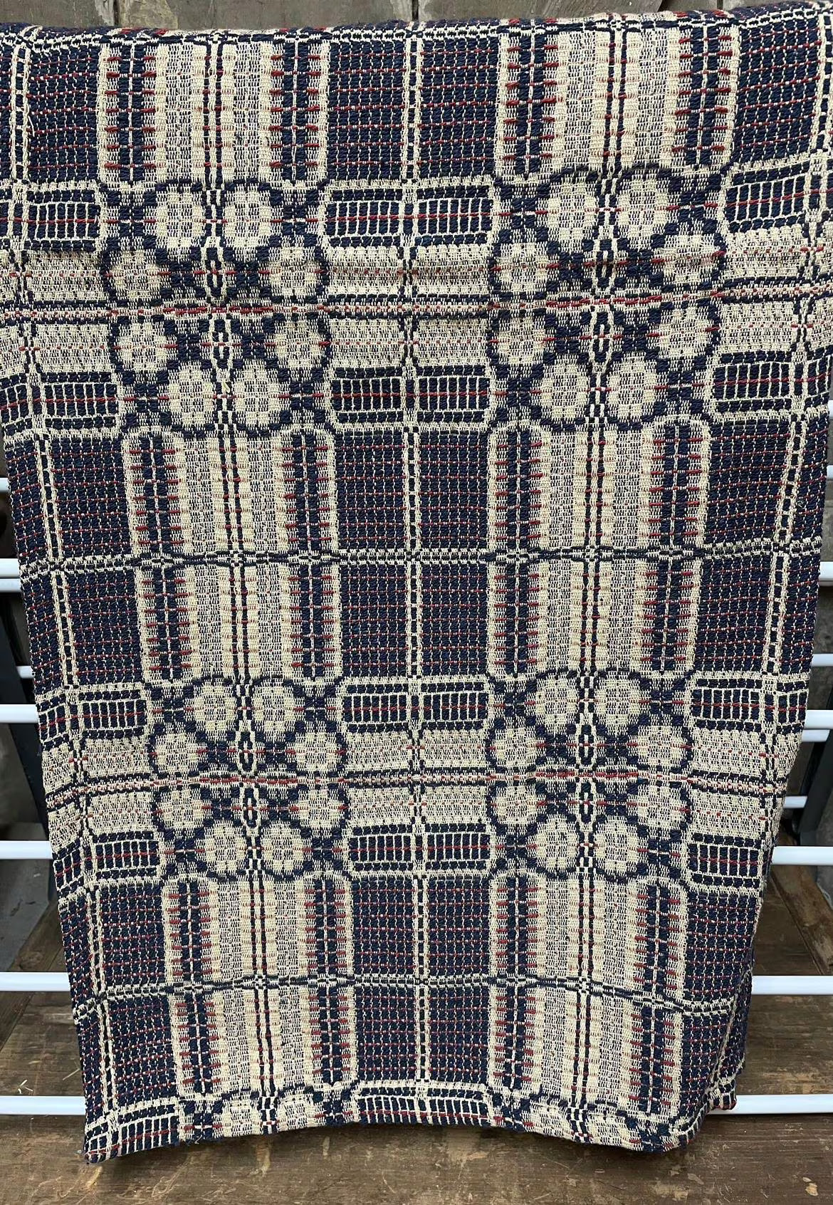 Primitive Coverlet 34 Inch Table Square Blue/Tan/Red