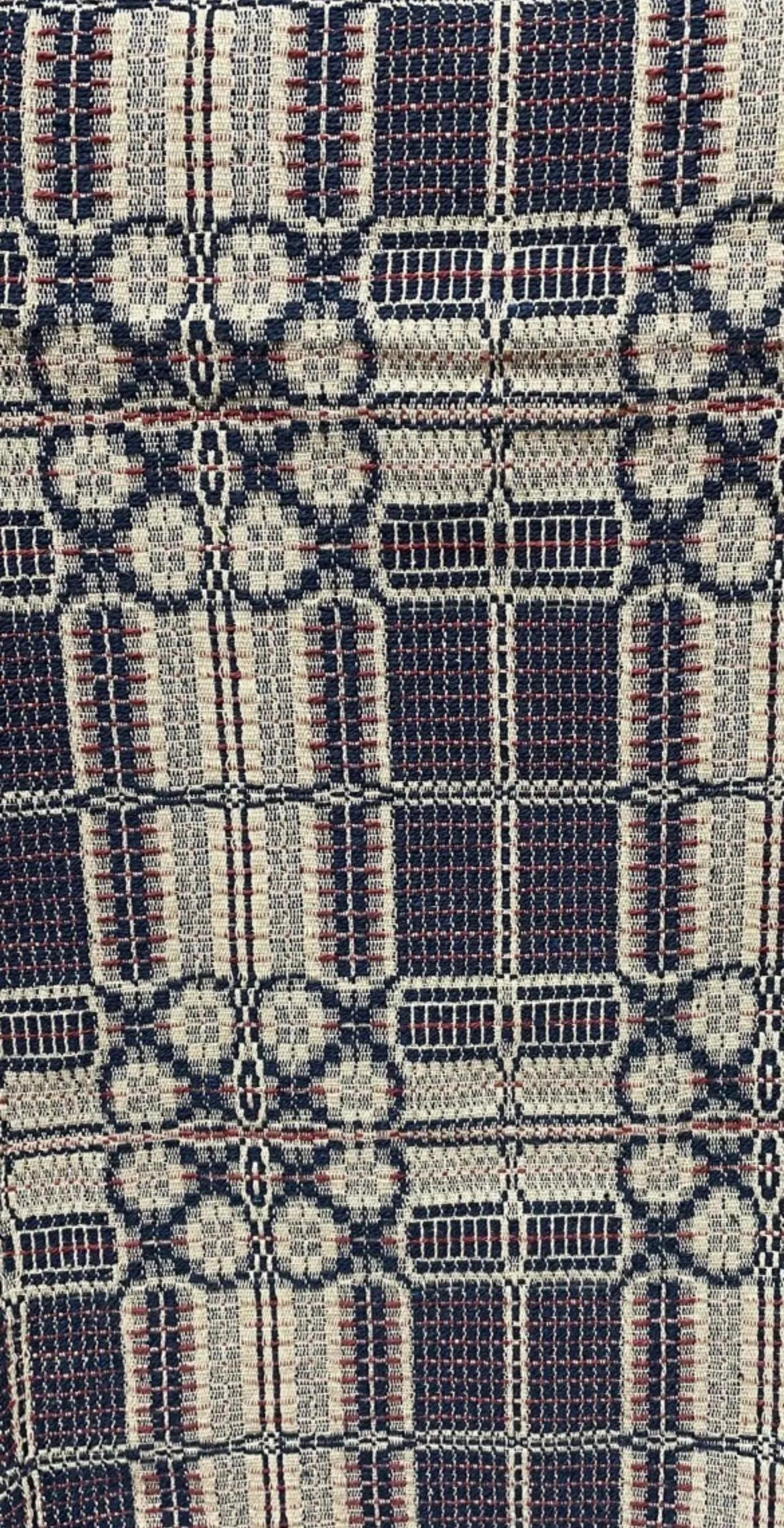 Primitive Coverlet 34 Inch Table Square Blue/Tan/Red