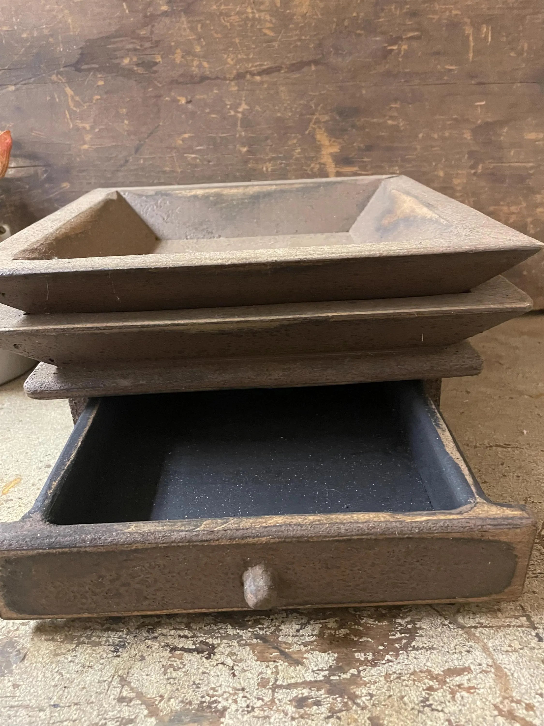 Primitive Wooden Tray with Drawer 12x12x4 Brown Over Mustard