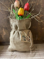 Primitive Spring Faux Tulip Feedsac Bag Shelf Sitter 10x6