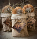 Primitive Fall Pumpkin in Feedsac Bag Shelf Sitter Hanger 12x6