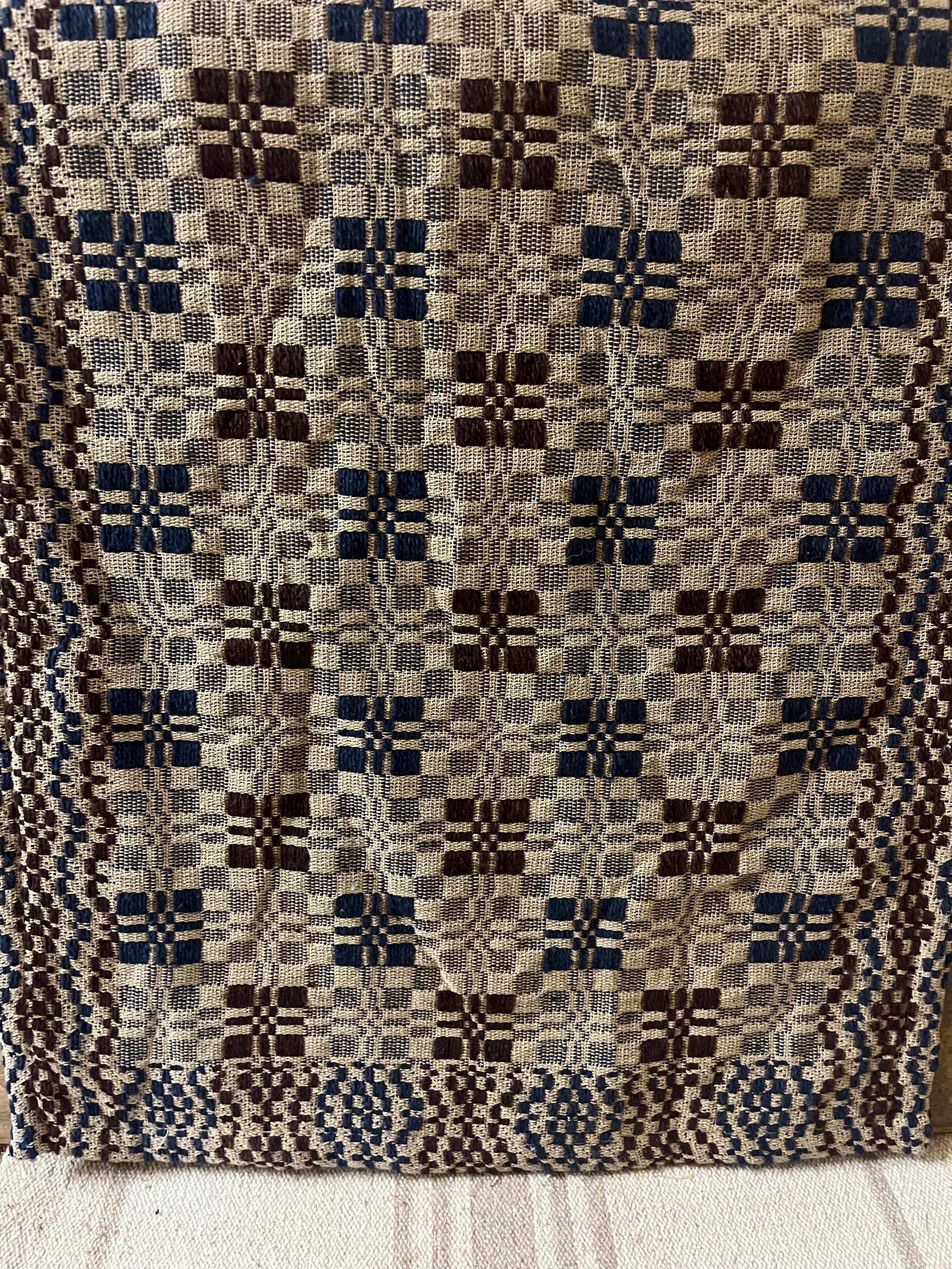 Primitive Coverlet 34 Inch Table Square Blue/Tan/Brown