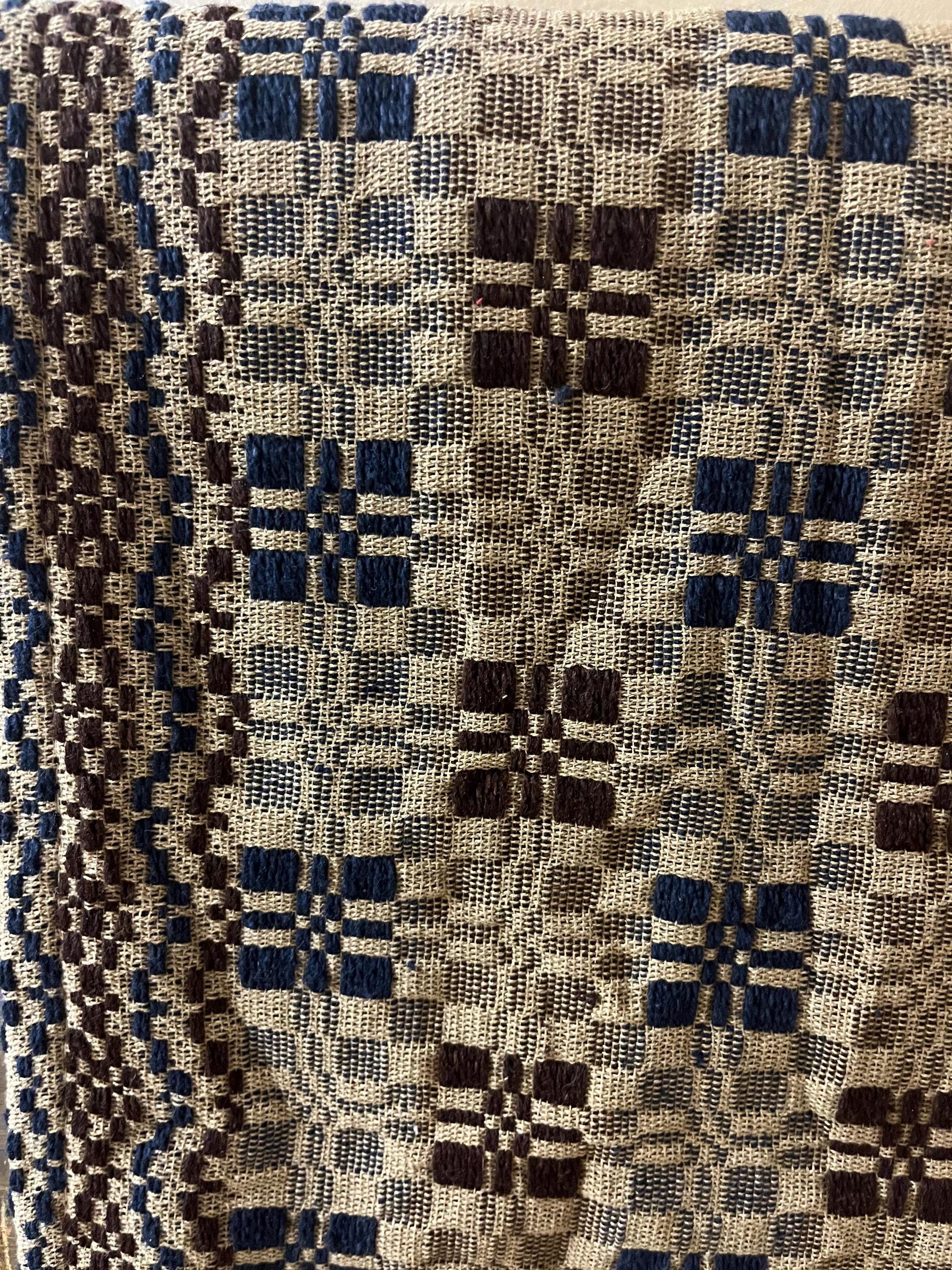 Primitive Coverlet 34 Inch Table Square Blue/Tan/Brown