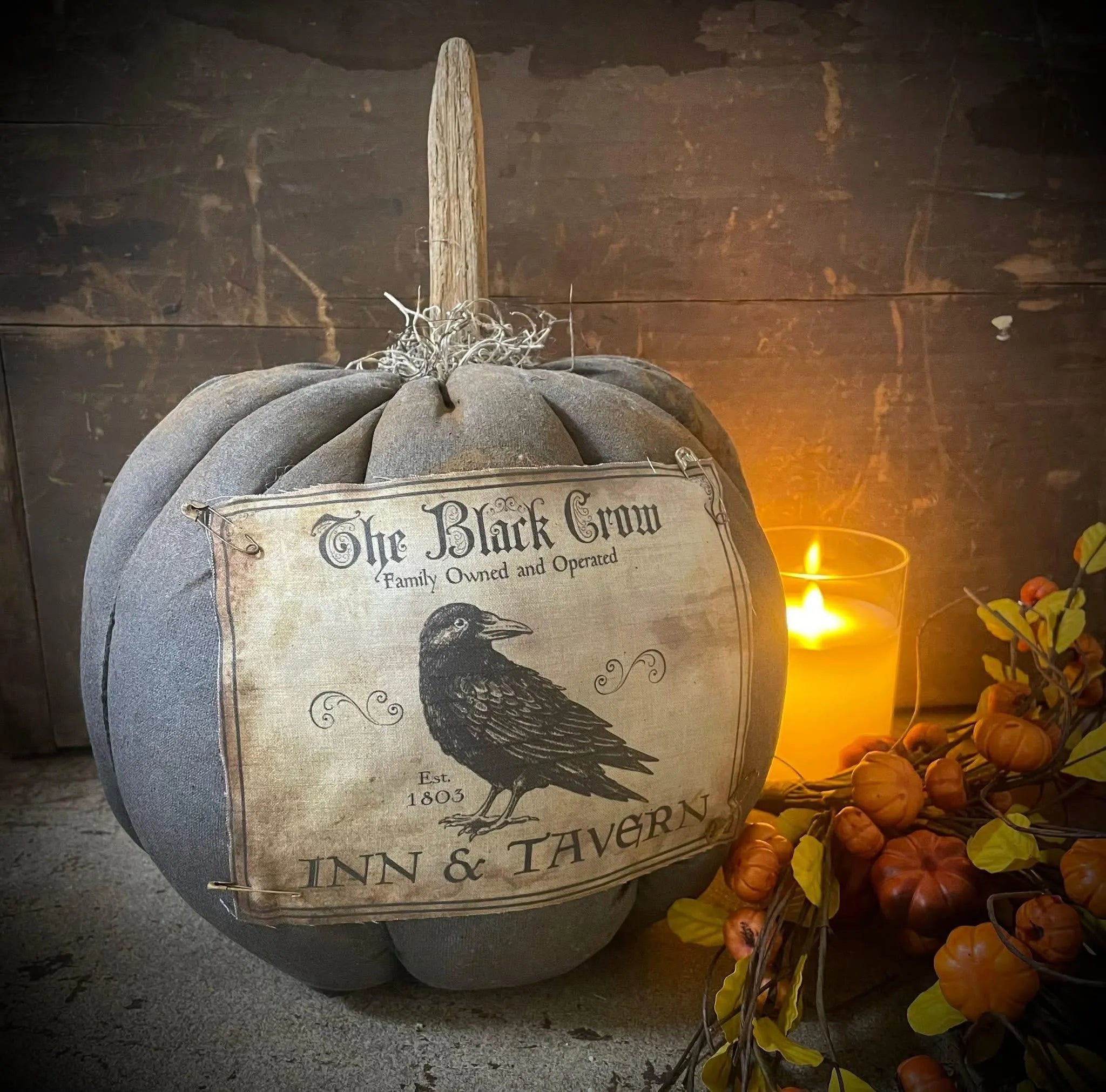 Primitive Fall Halloween Black Pumpkin With Black Crow Print 12x10