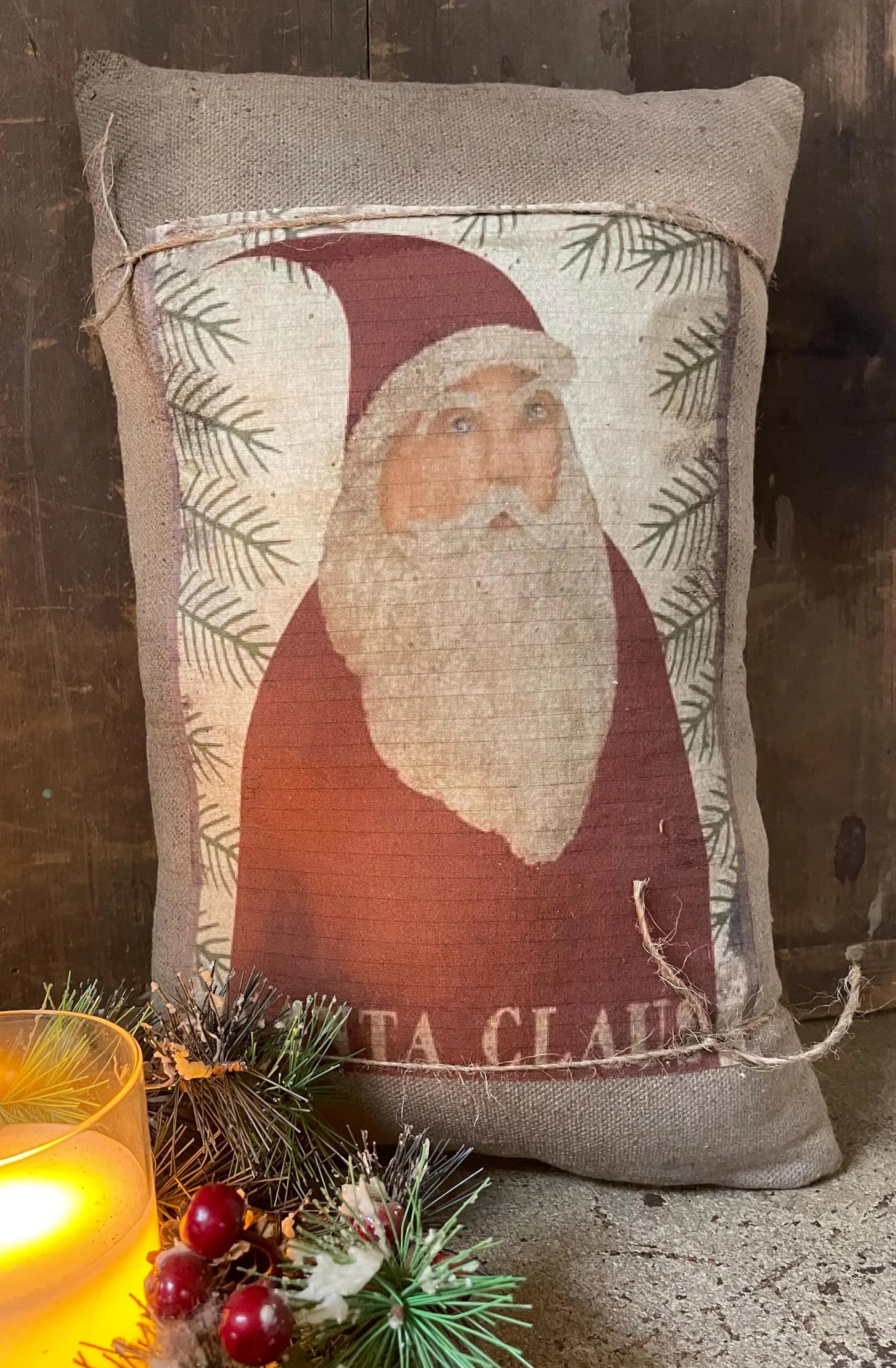 Large Primitive Feedsac Pillow With Santa Print