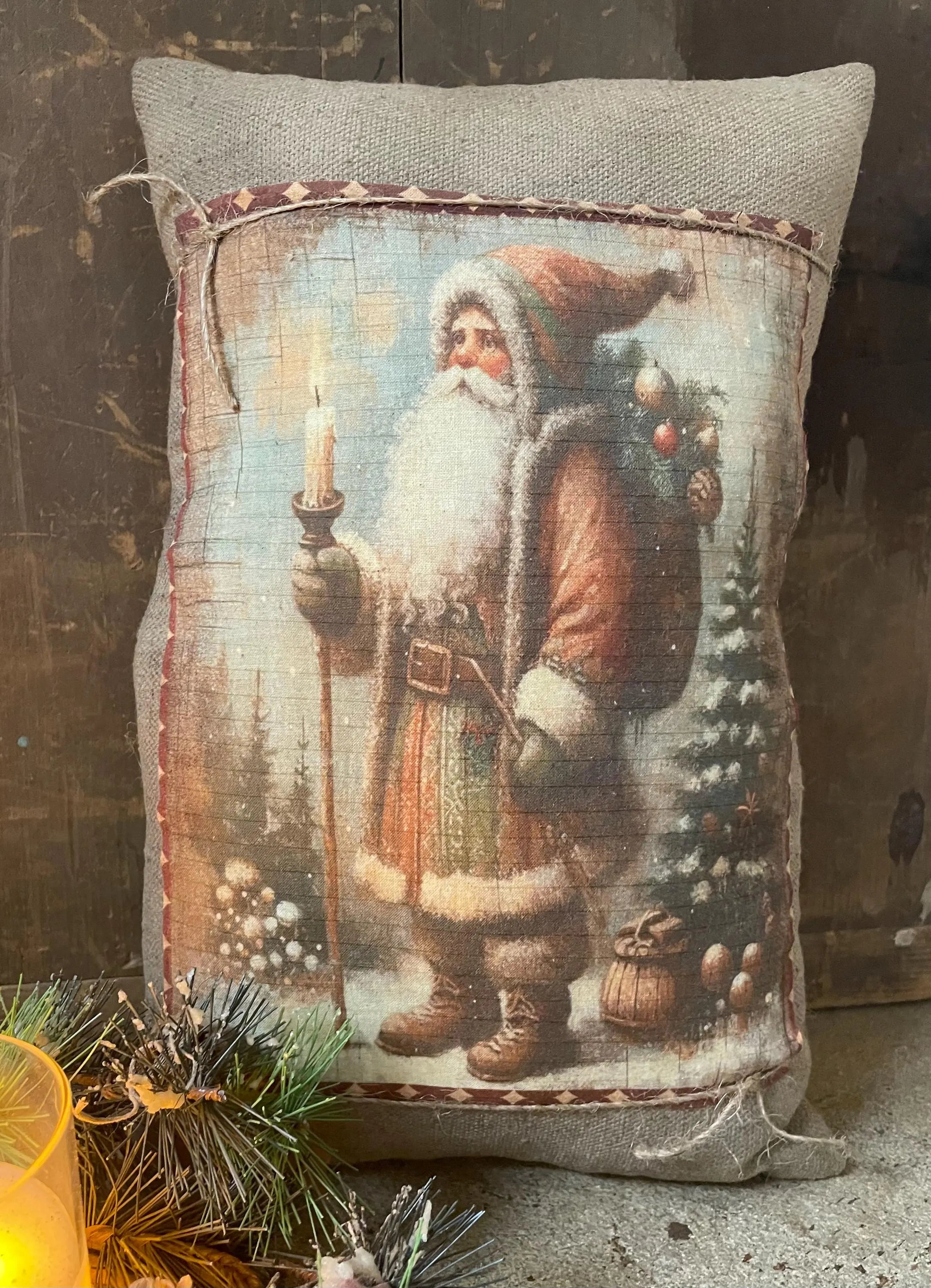 Large Primitive Feedsac Pillow With Santa Print
