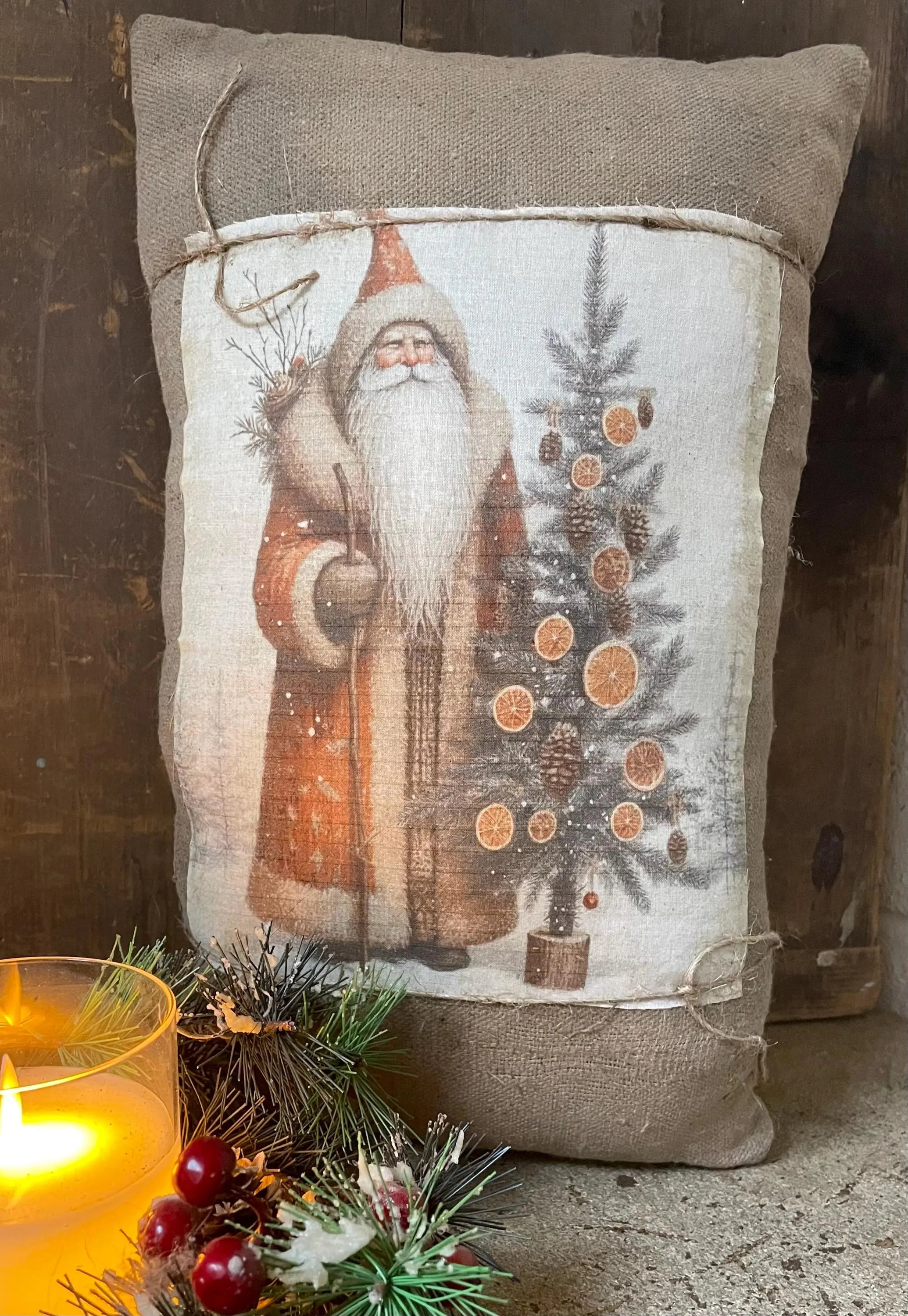 Large Primitive Feedsac Pillow With Santa Print