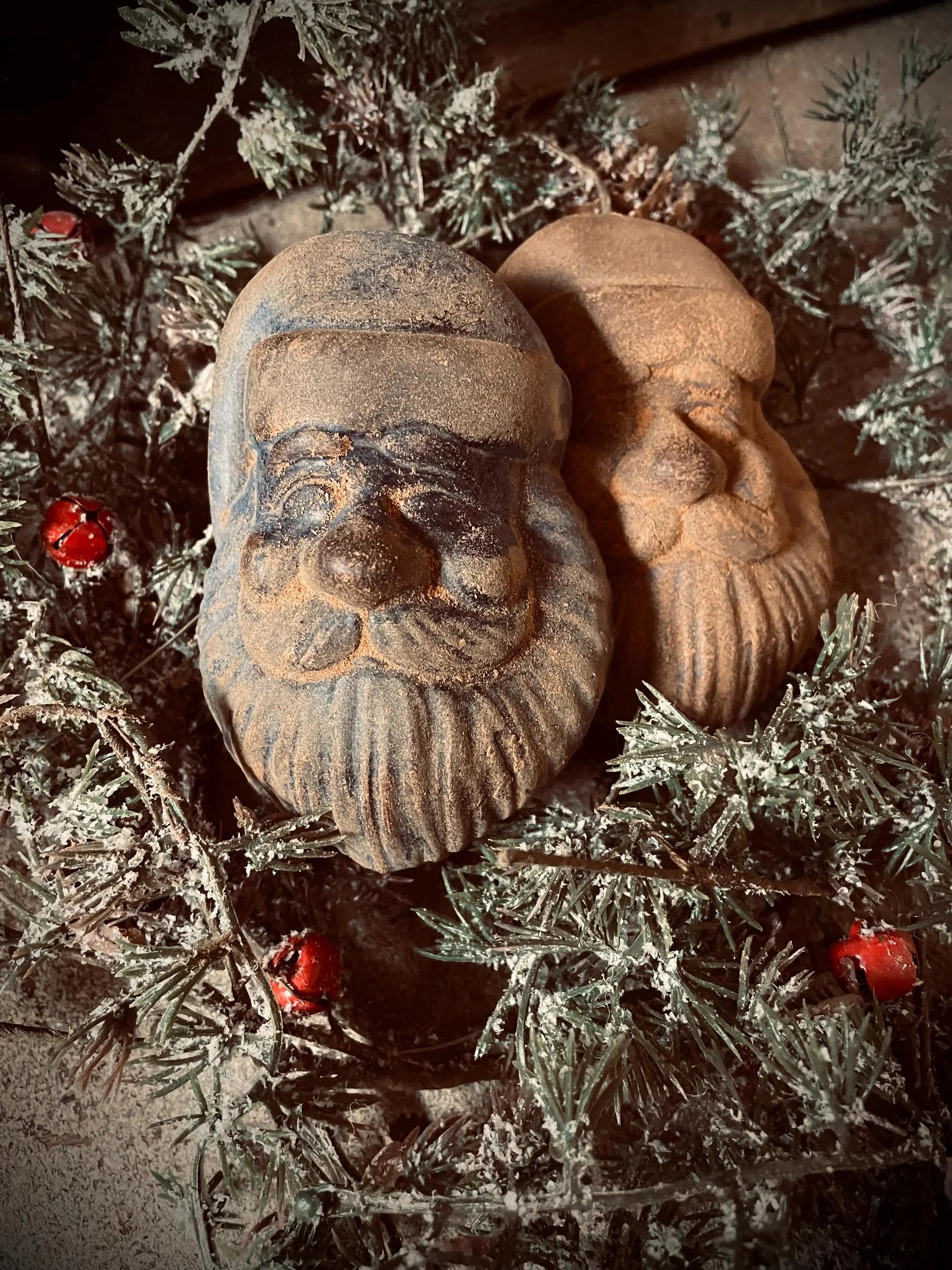 2 Primitive Christmas Blackened Wax Santa Head Bowl Fillers