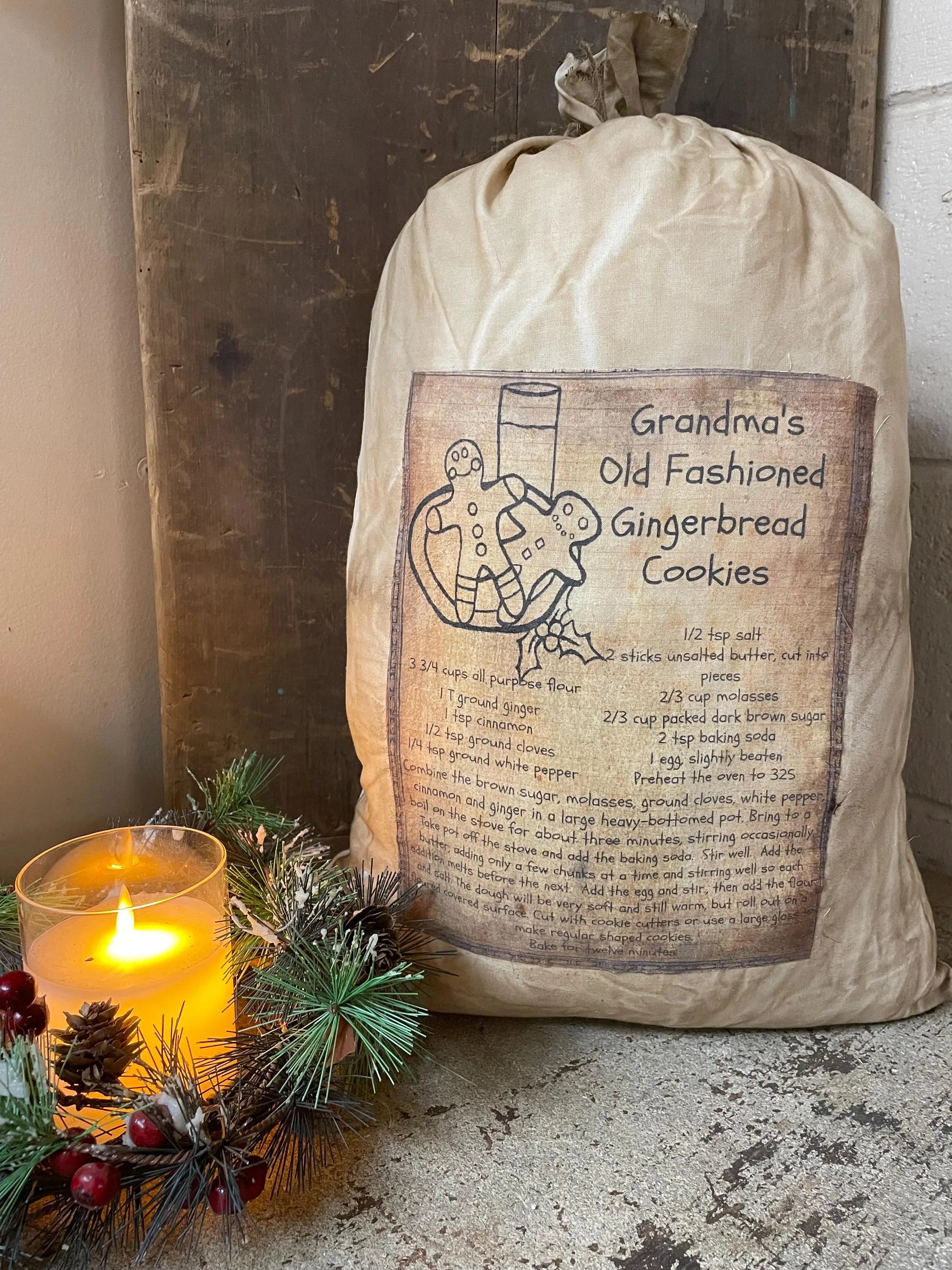 Large Primitive Gingerbread Cookie Recipe Pantry Bag Shelf Sitter