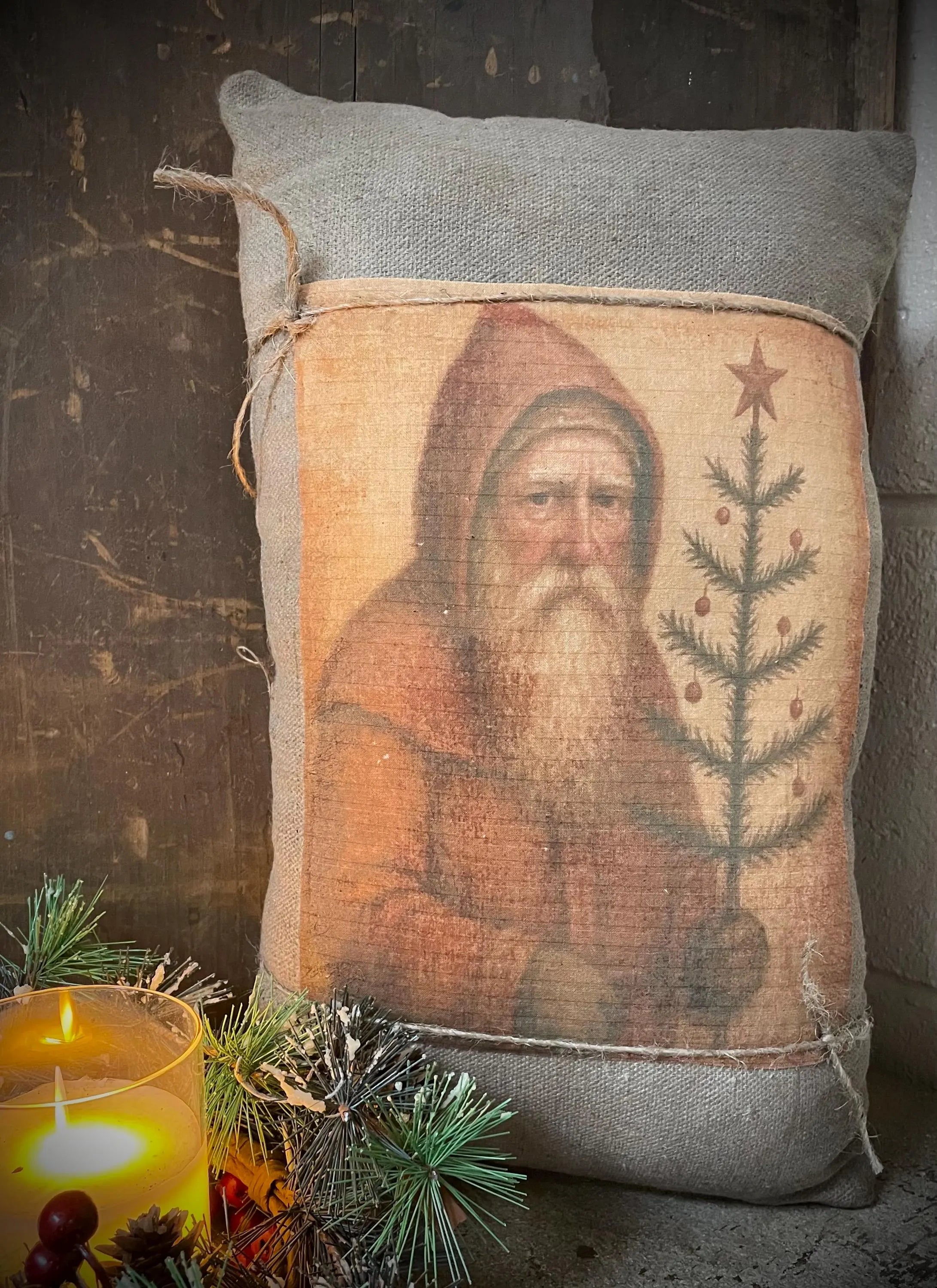 Large Primitive Feedsac Pillow With Santa Print