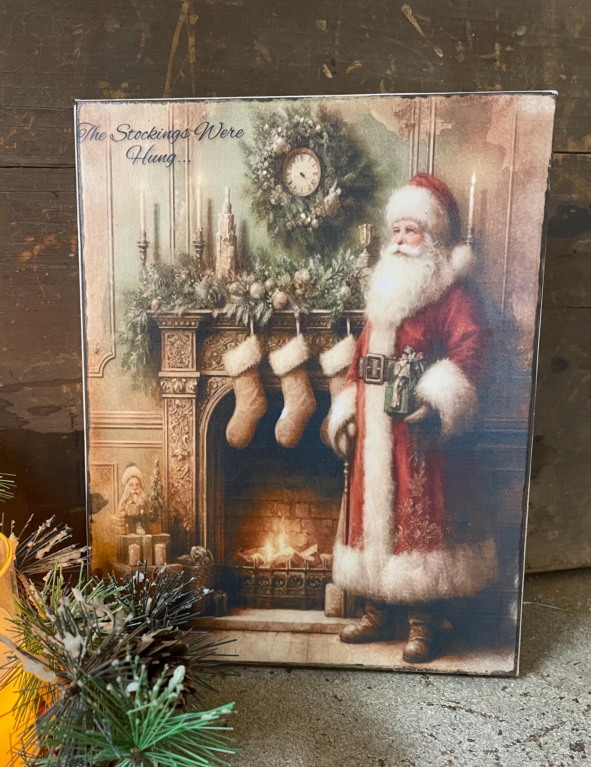 Primitive Winter Christmas Grungy Decorative Santa Canvas Print 8x10