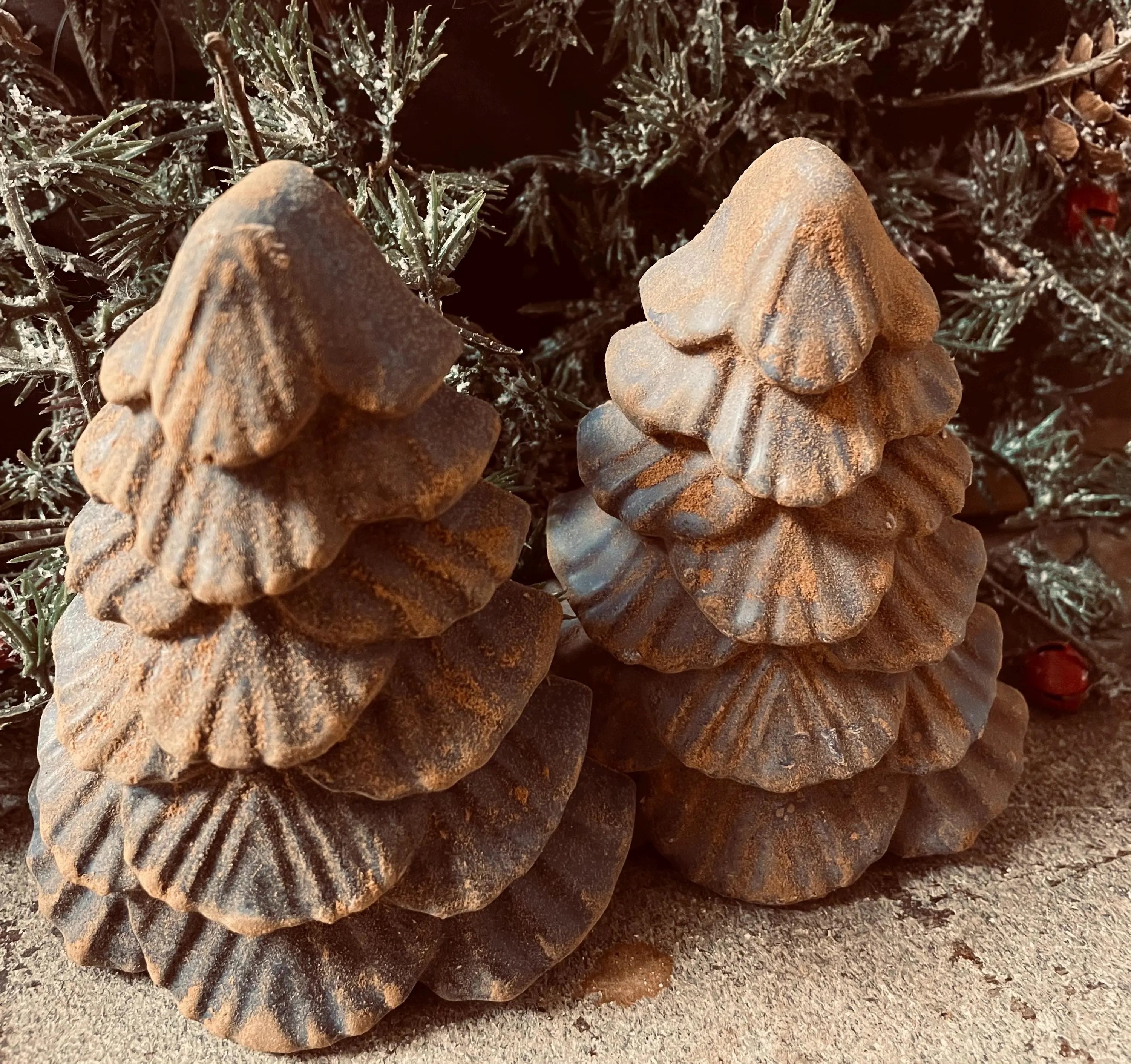 2 Primitive Christmas Blackened Wax Christmas Trees Free Standing Bowl Fillers