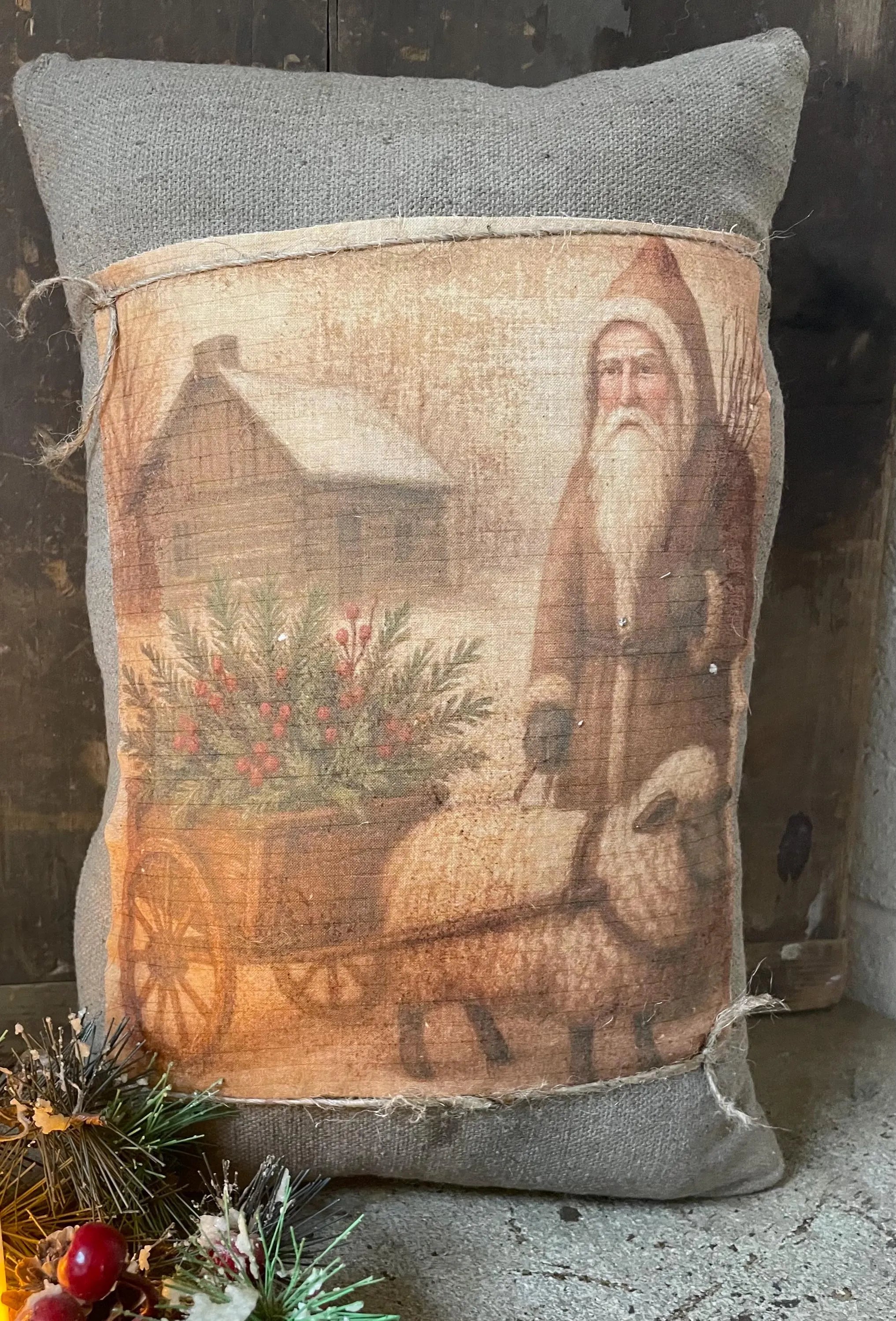 Large Primitive Feedsac Pillow With Santa Print