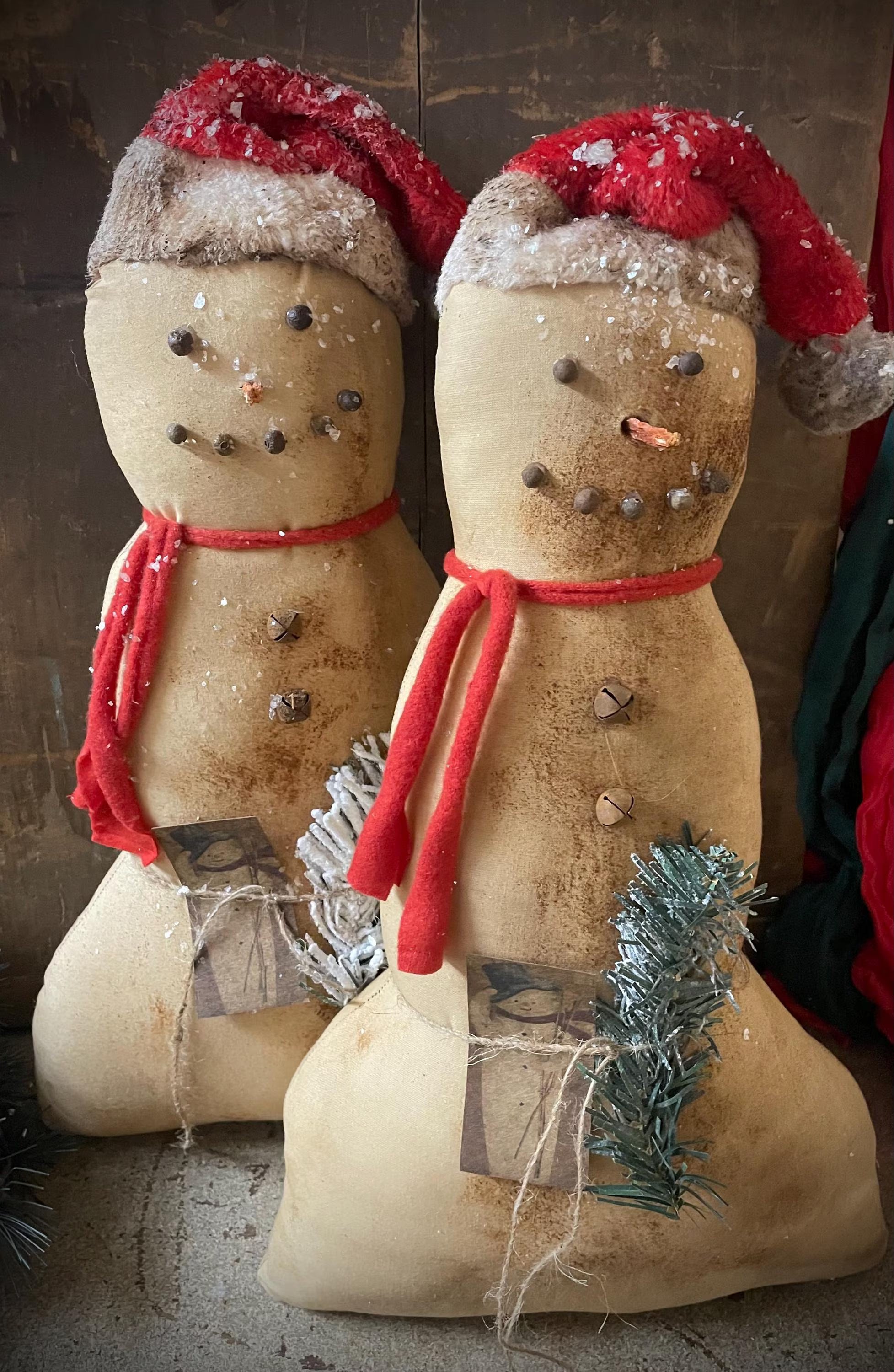 Large Primitive Christmas Snowman With Santa Hat