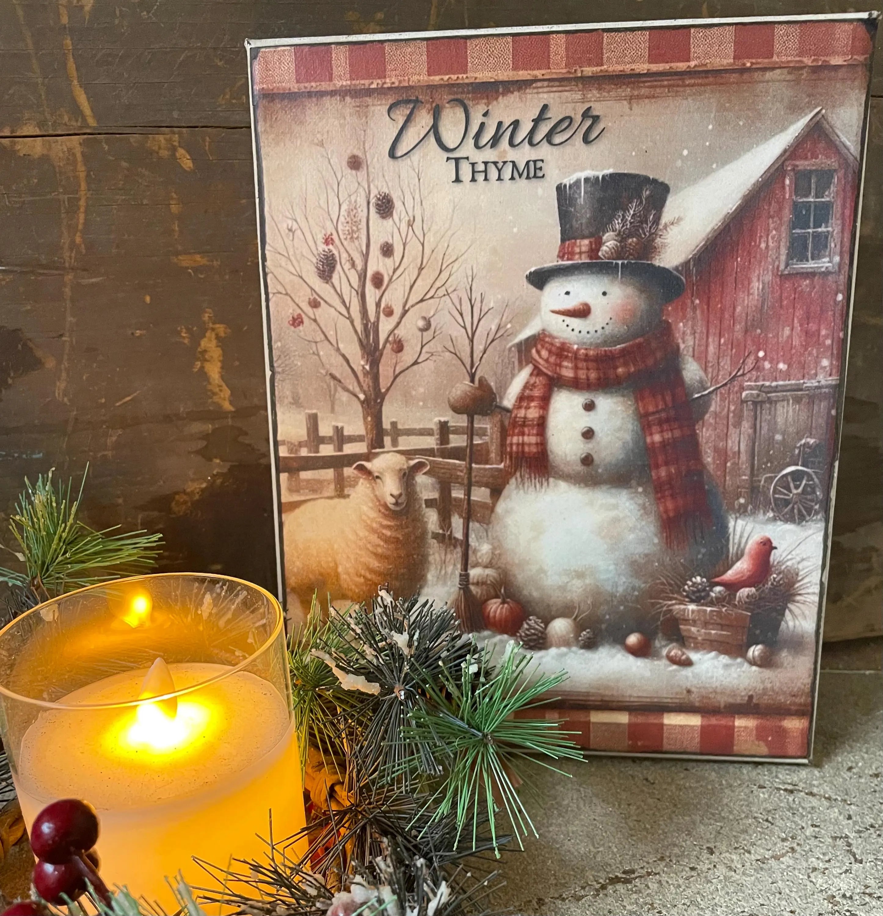 Primitive Winter Christmas Grungy Decorative Snowman Canvas Print 8x10