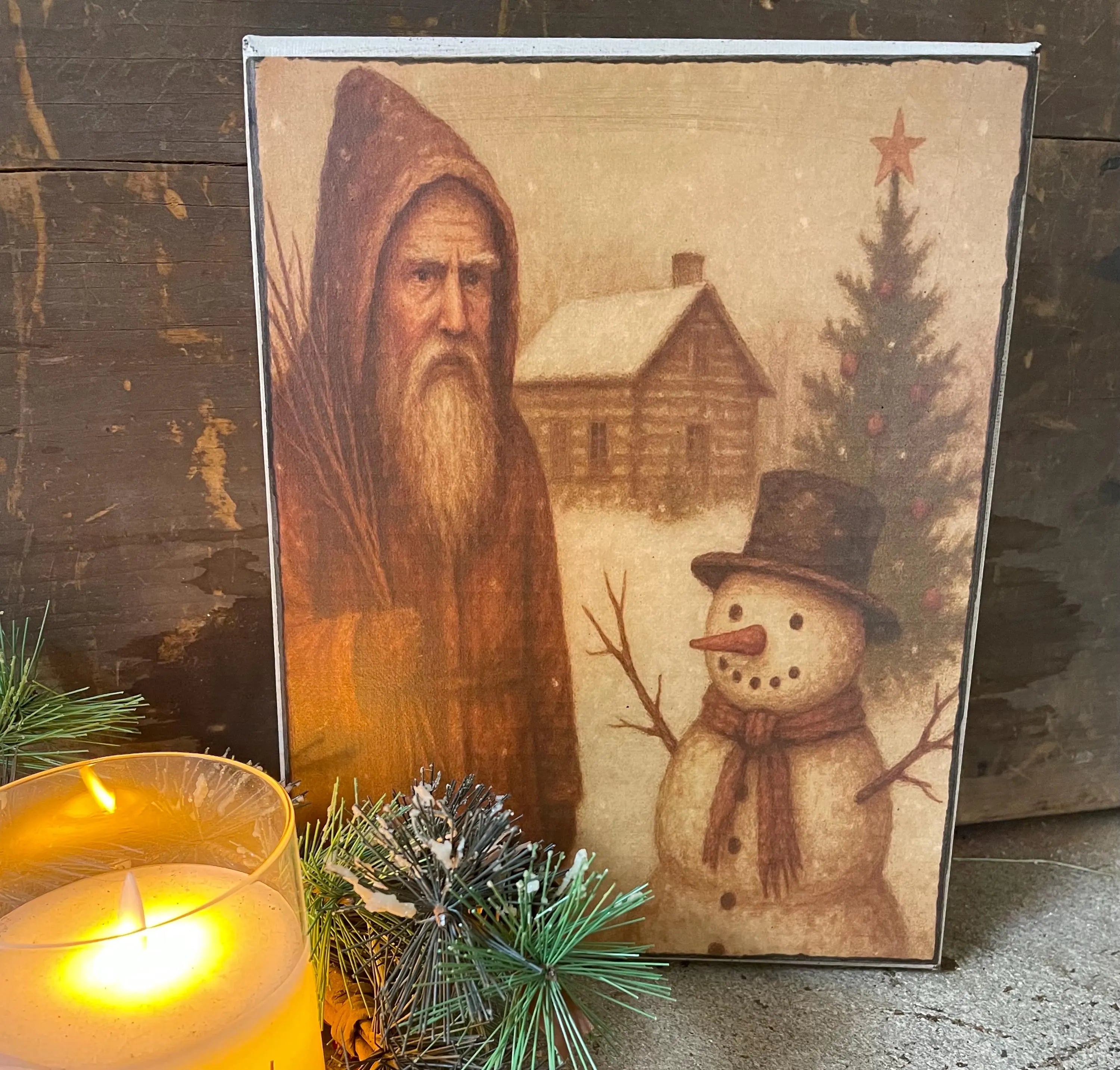 Primitive Winter Christmas Grungy Decorative Santa Canvas Print 8x10
