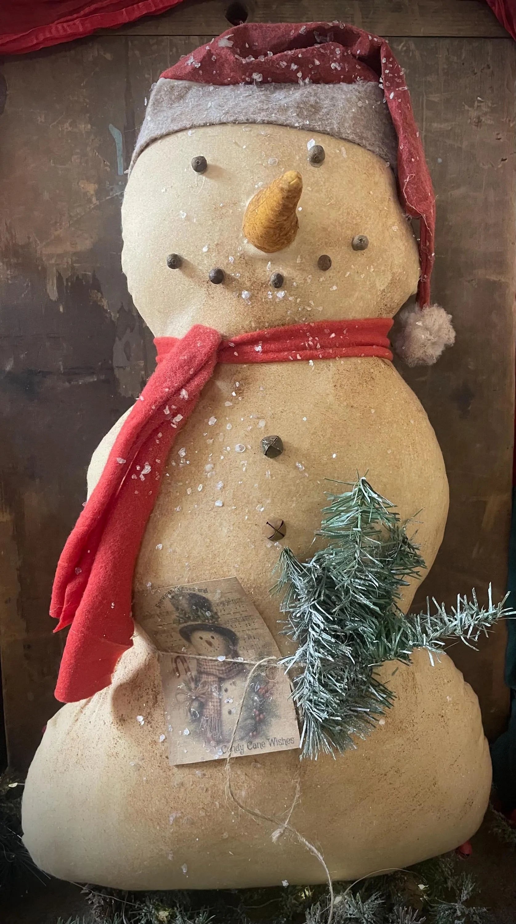 Primitive Grungy Christmas Snowman With Santa Hat 22x14