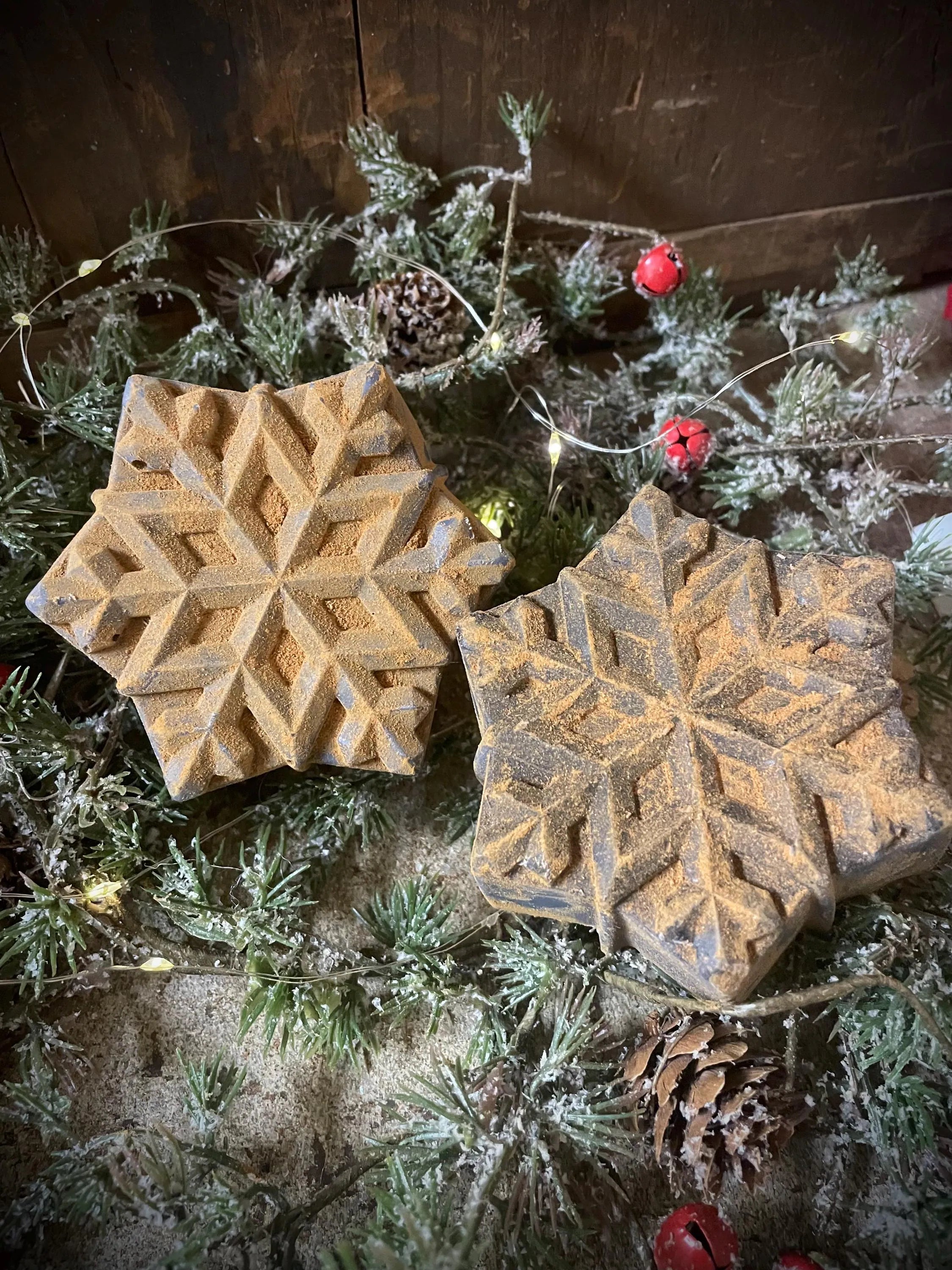 2 Primitive Christmas Blackened Wax Snowflake Bowl Fillers 3x3