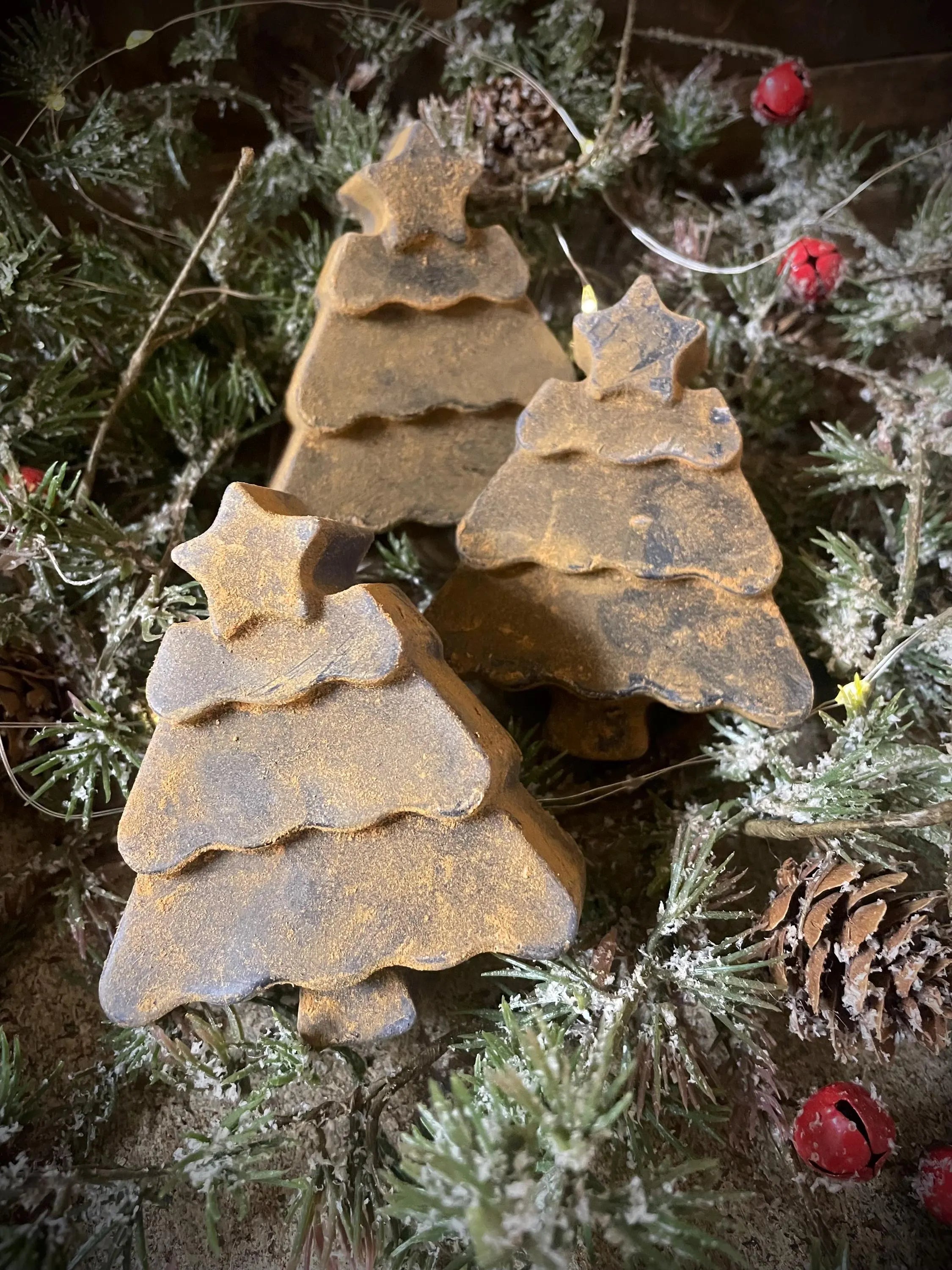 3 Primitive Christmas Blackened Wax Christmas Trees Bowl Fillers 3x3