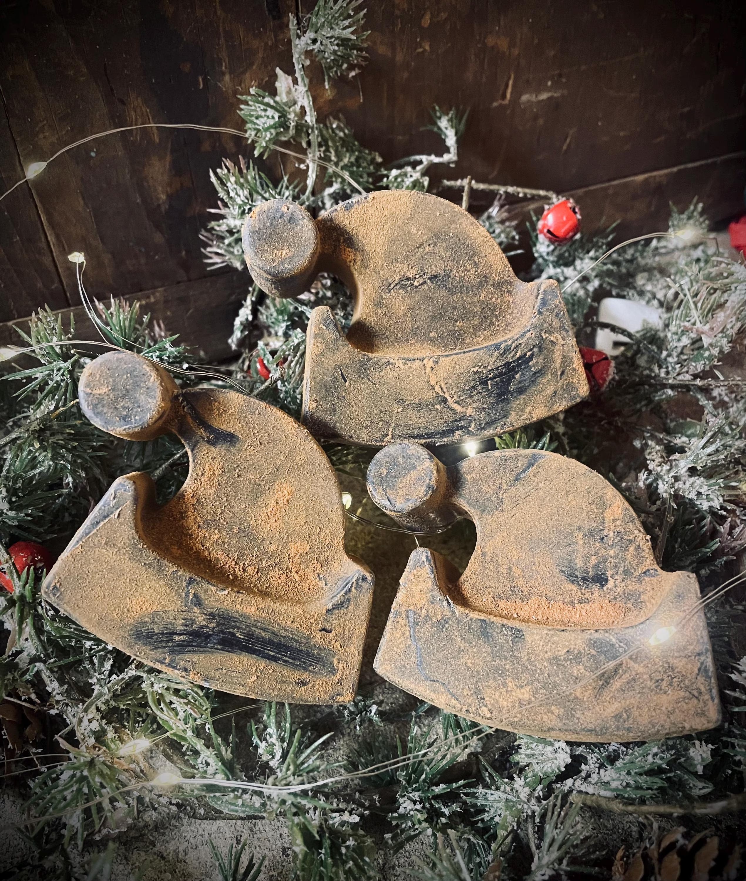 3 Primitive Christmas Blackened Wax Santa Hat Bowl Fillers 3x3