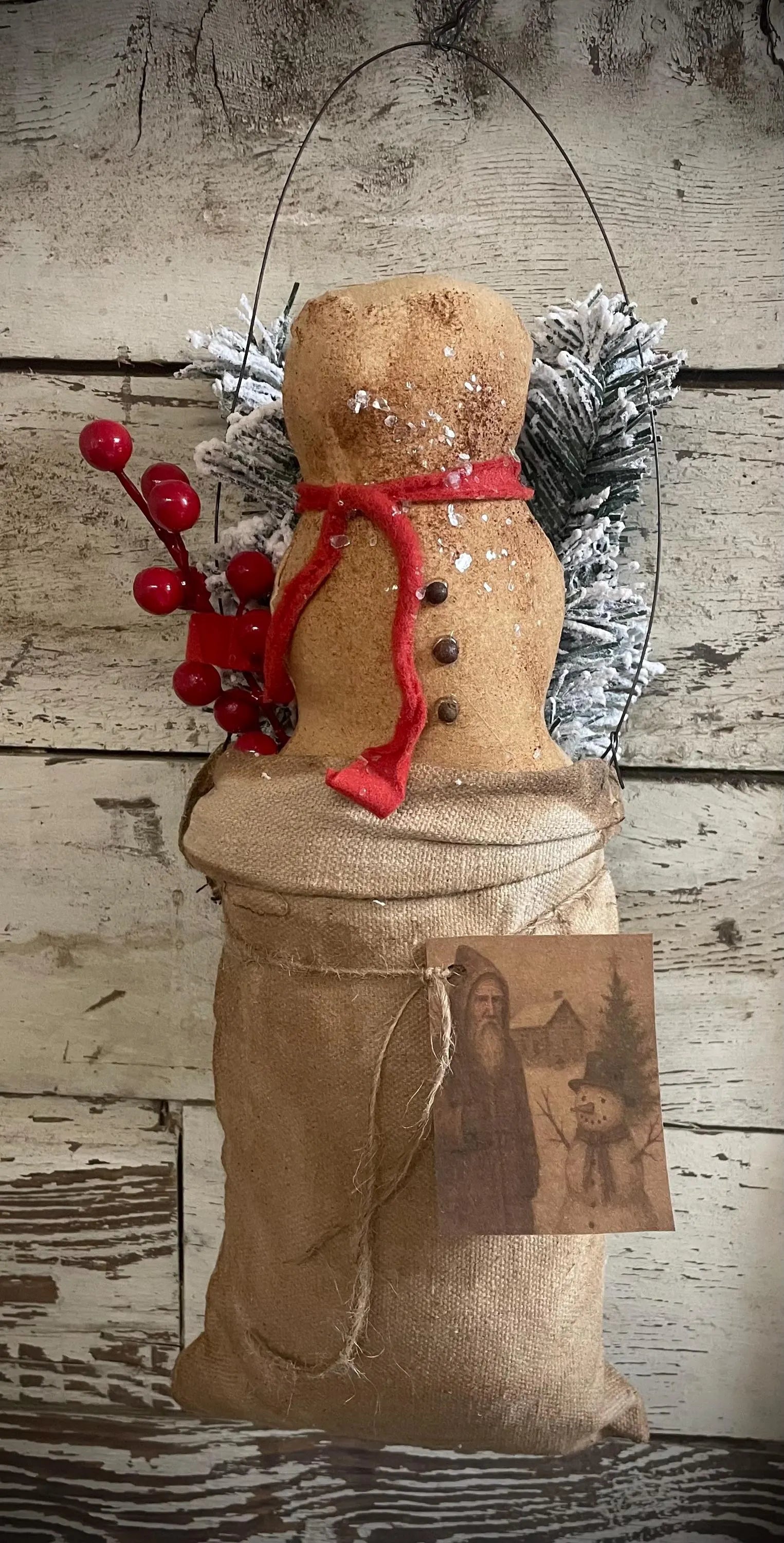 Primitive Grungy Christmas Snowman Feedsac Bag Hanger 14x7