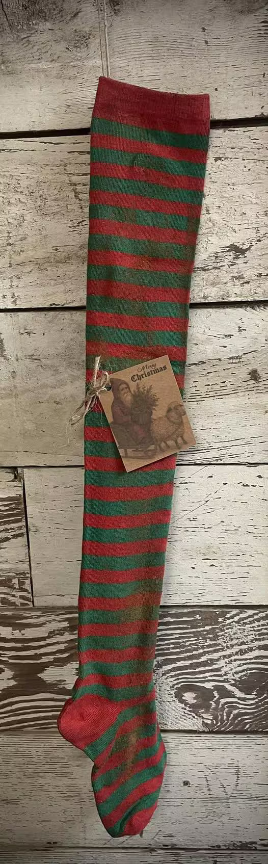 Primitive Christmas Red/Green Stocking With Tag