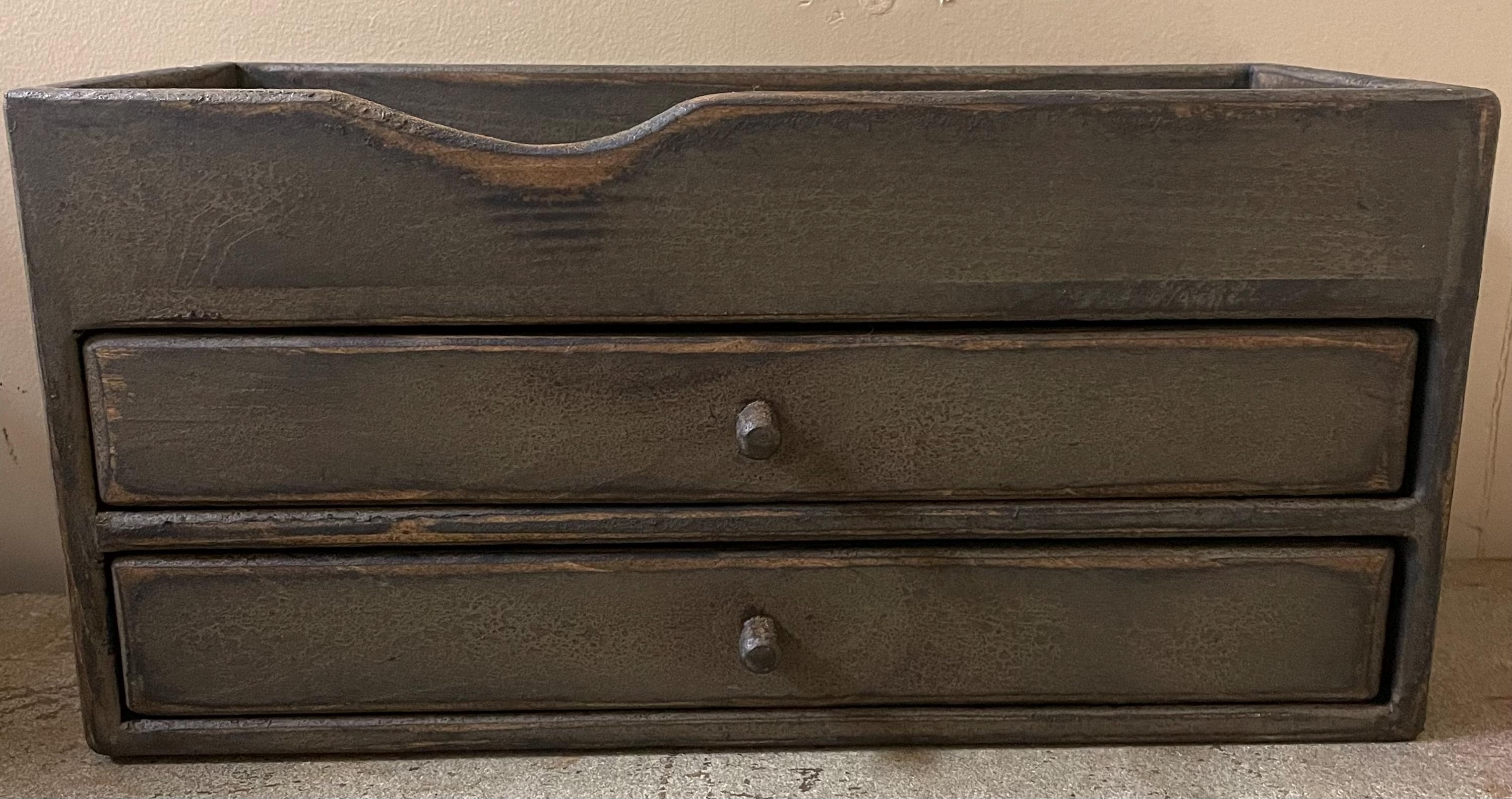 Primitive Wooden Two Drawer Trencher 17x8x8 Pepper Gray