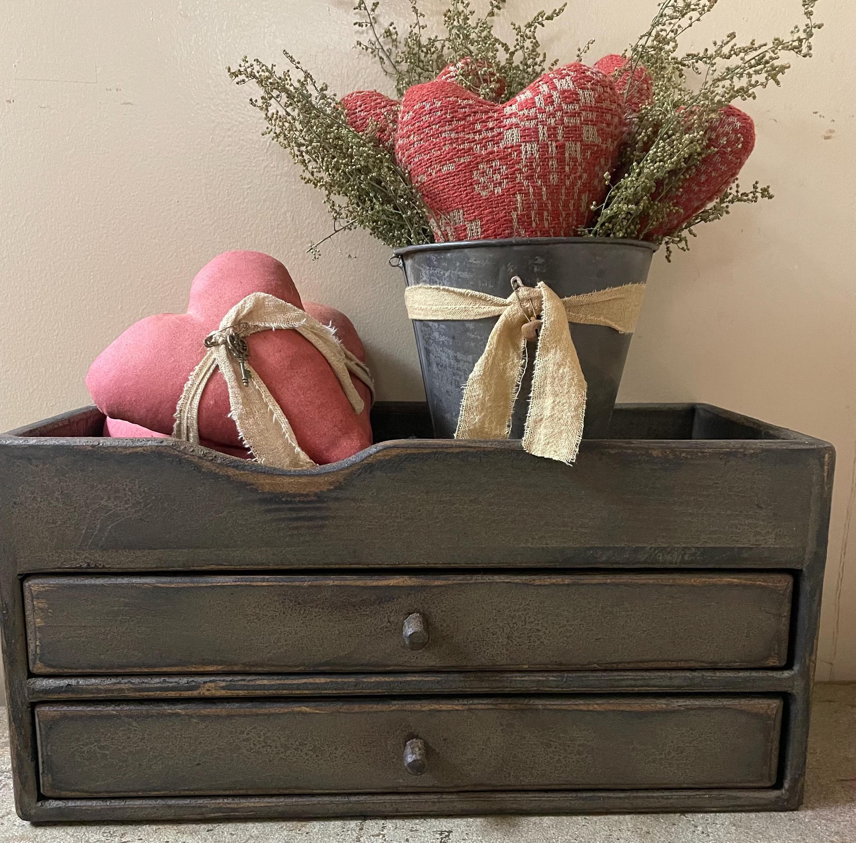 Primitive Wooden Two Drawer Trencher 17x8x8 Pepper Gray
